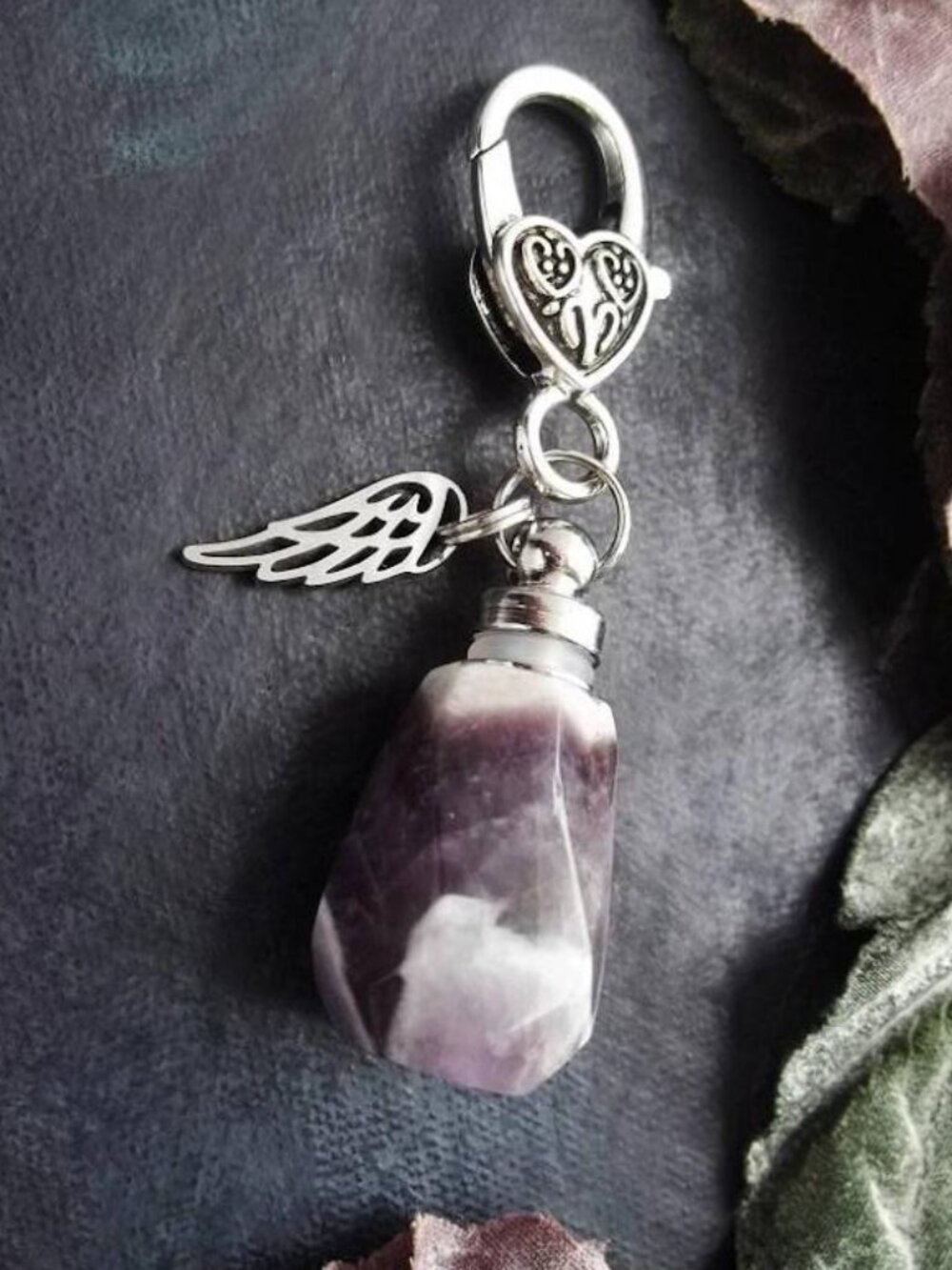 Natural Amethyst Quartz Crystal Irregular Bottle Keychain Stone Wing Charm